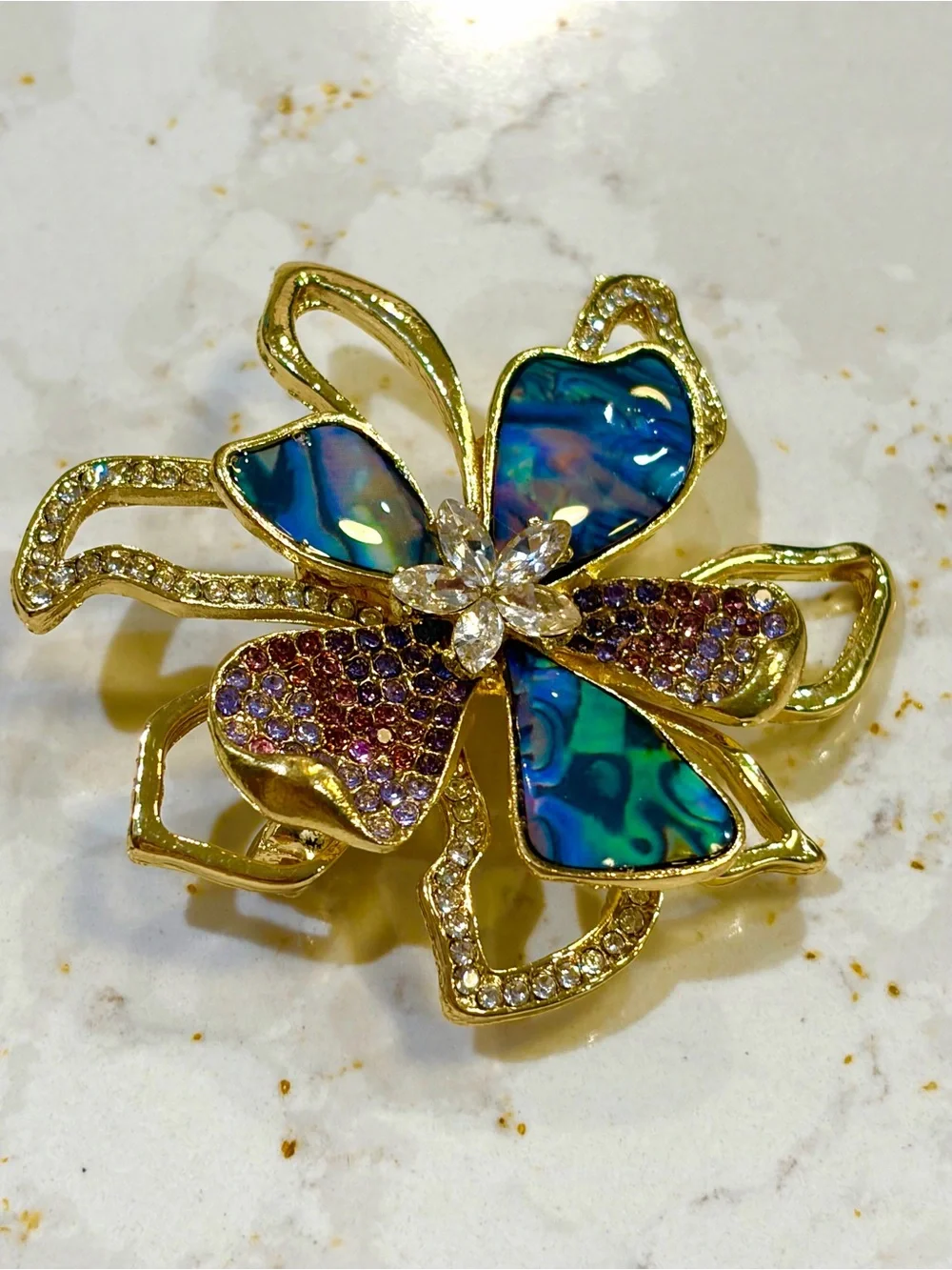 Gold-Tone Floral Abalone and Crystal Brooch - Blue Green Floral Pin